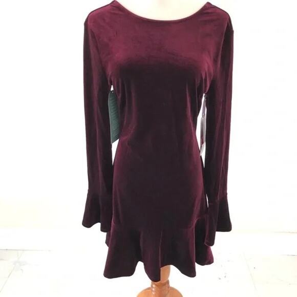 Johnny Wujek Juniors Dress Burgundy Velvet Long Sleeve Cut Back Bow - NWOT - Picture 1 of 2